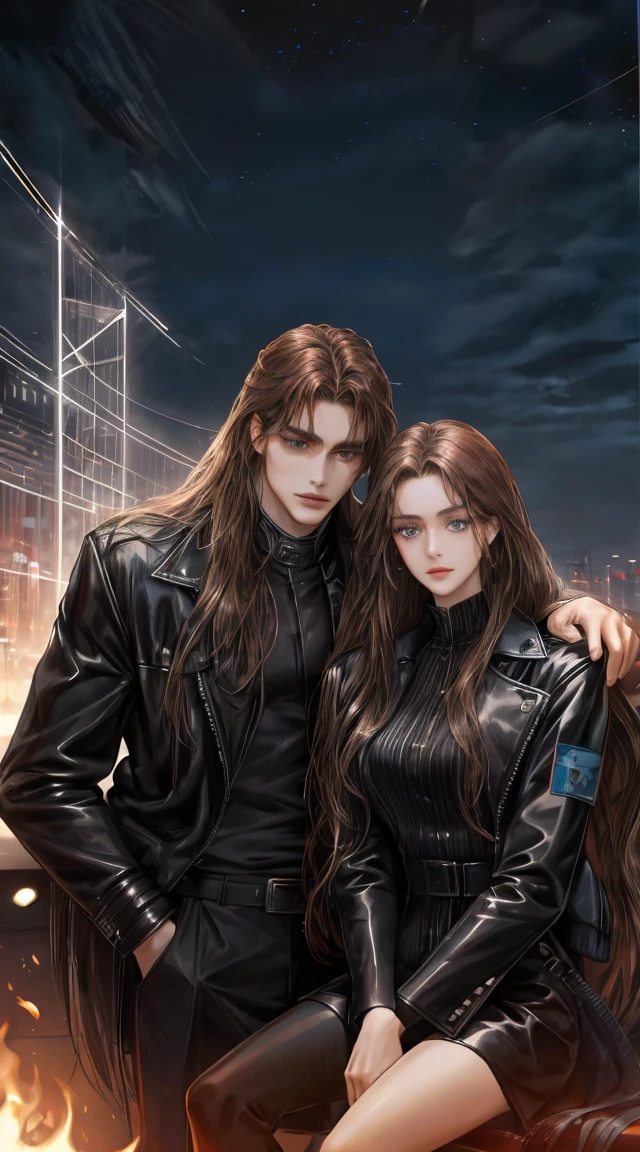 8K, work of art, best qualityer, one pretty woman, skin black, silver eyes, long hair, brown hair next to a handsome man, long hair, Bblack hair, blue colored eyes, black leather jacket.