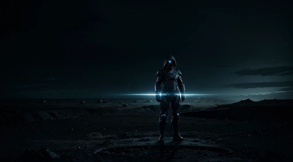 A lone figure in a futuristic protective suit, standing on a desolate landscape under a starless sky. In the distance, ominous shapes loom in the perpetual darkness. The figure holds a glowing artifact, casting a small circle of light in the vast gloom. Style: Blend of sci-fi and gothic horror, with muted colors and dramatic lighting.
