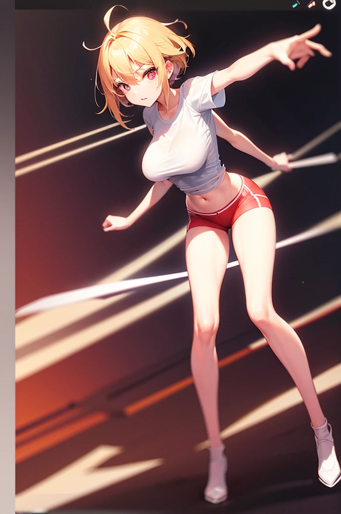 high quality 4k, maximum image sharpness. name zoe. 20 year old ager, beautiful angelic face. Red eyes. White skin color. height 1,70, retail physicist, large and firm breasts, Short blonde hair. Clothes, T-shirt at the height of the abdomen. tight red pants. body detail, straight and firm posture looking towards the camera. face some aonrisa