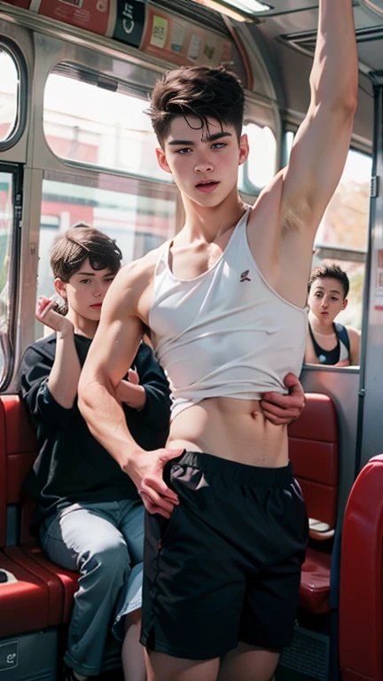 grasp、、((19-year-old short-haired boy)) in tank top grabs butt on bus、Raising arms to show armpits、shortpants、Fat uncle touching boy's ass１a person、Grabbing the buttockolesting、Touching your buttocks on the bus、red blush、