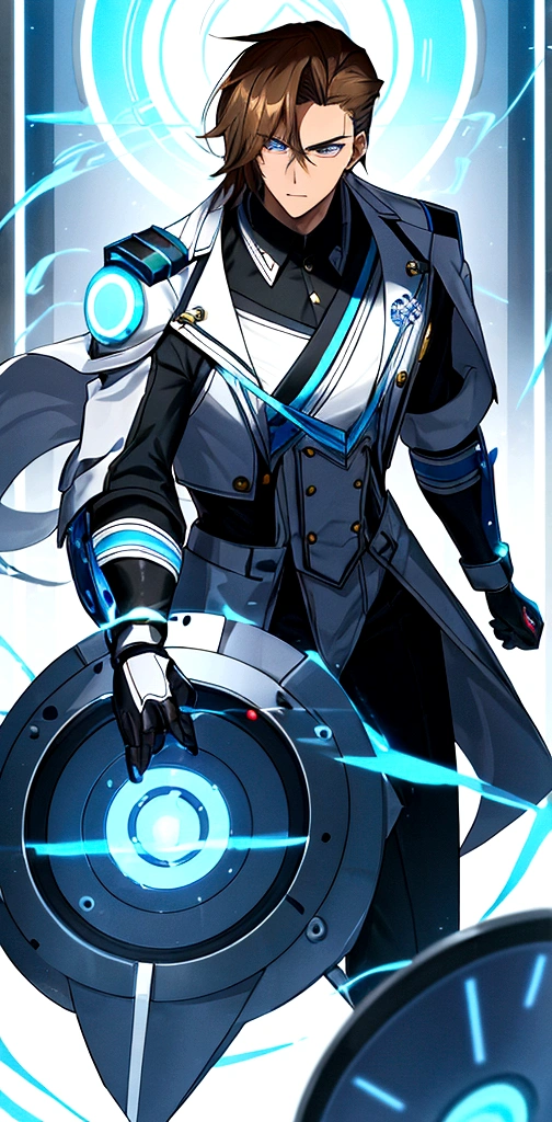 masculine) (23 years) (a tall, slender young man with a muscular and toned body, His hair is light brown and is messy, covering his forehead., His eyes are blue and his skin is light-skinned..) (robotic body, fitted white suit with neon light blue details) (laboratory background) (with a button in the center of his chest, with circular shape)