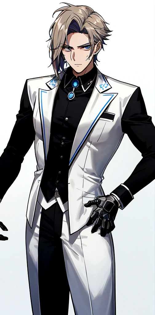 masculine) (23 years) (a tall, slender young man with a muscular and toned body, His hair is light brown and is messy, covering his forehead., His eyes are blue and his skin is light-skinned..) (robotic body, fitted white suit with neon light blue details) (laboratory background) (with a button in the center of his chest, with circular shape)