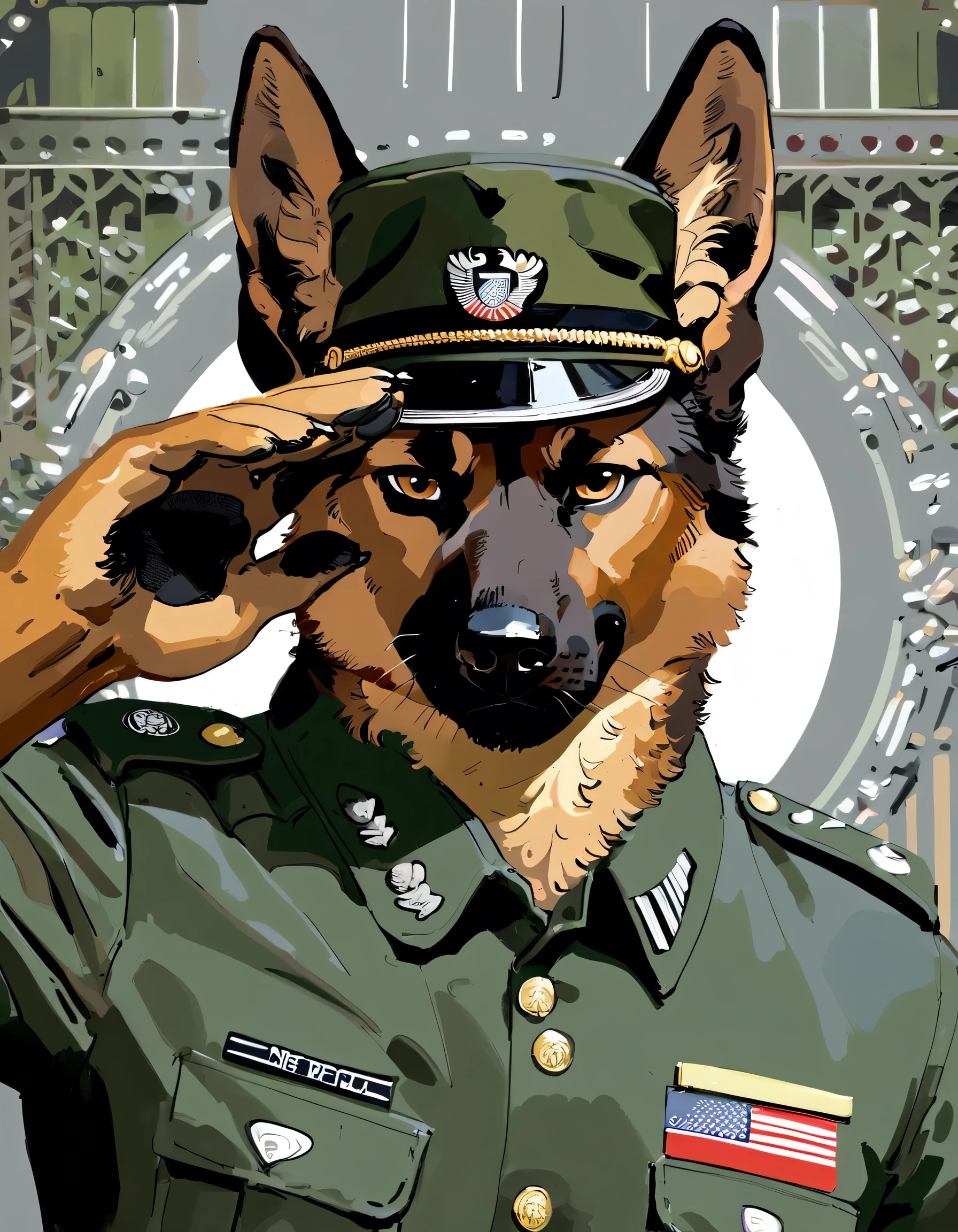 solo, male, anthro, (German Shepherd), by seyorrol, digital artwork, ((intricate military background, indoor background)), (mysterious shadows:0.5), realistic shading, (epic, masterpiece, high quality, 8k, ultra HD, absurd res, top quality, best quality, max quality, masterpiece), ((sexy, ((masculine body)))), (tail), ((Looking at viewer, detailed eyes)), ((fur)), ((saluting)), ((headshot)), paws, paw pads, 