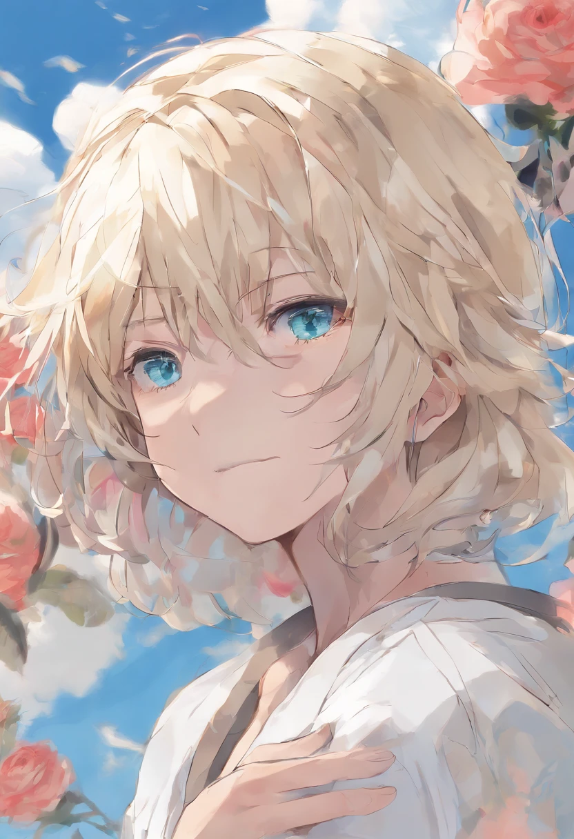 Best image quality, 4k, masterpiece, teenage male, white and tender skin, blonde floppy short hair, blue eyes, green and slightly mature, cute and soft, young, godly eyes, exquisite hair, look at the lens, face focus, smile, delicate facial features, front lighting, front light source, portraiture, face magnification, face close-up, above the shoulder, cute feeling, excellent posture to capture the sight, portrait painting effect, blue sky and white clouds, roses
