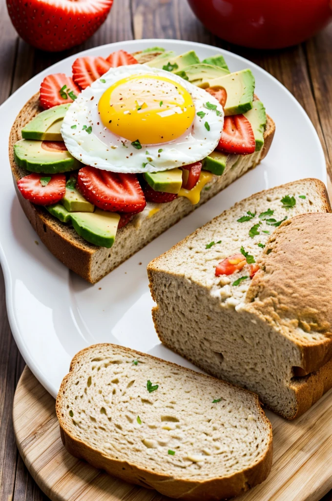 Create a healthy breakfast of whole wheat bread , queso , tomato , avocado,  egg plus strawberry juice
