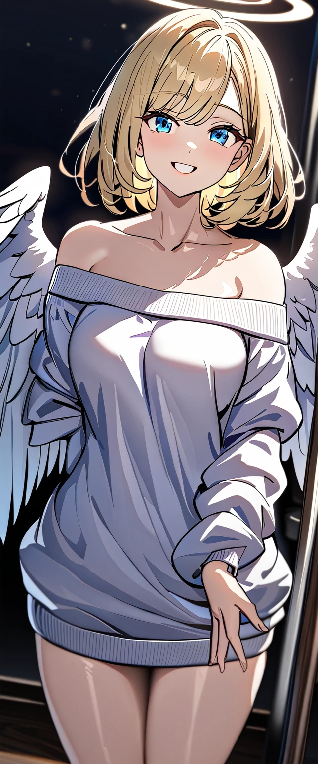 ((flying in the sky)), ((angel, big big white wings:1.3, halo:1.3)), ((sky)), ((())), (((cowboy shot))), archangel Uriel, ((wavy hair, outward curled hair)), evening, Sunset, ((blond hair, bob cut:1.3)), breasts, teenager, (looking at viewer), oversized clothes, puffy long sleeves, collarbone, ((off-shoulder sweater:1.3, Quite thick shoulder straps)), ((white sweater)), collarbone, head tilt:1.3, (((blue eyes))), ((happy smile)), (((anime style))), (best quality, 4K, 8K, highres, masterpiece:1.2, ultra-detailed, ultra-detailed eyes, HDR, uhd, studio lighting, ultra-fine painting, sharp focus, physically-based rendering, extreme detail description, professional, vivid colors, bokeh)