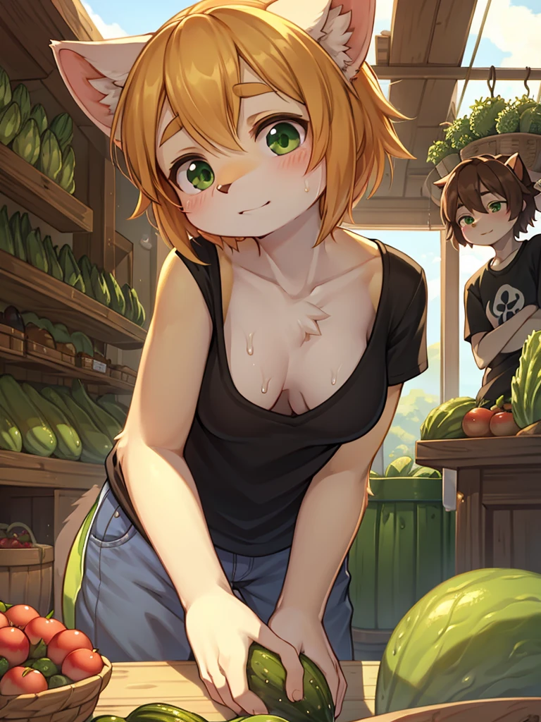 squad , T-shirt , flat chest , downblouse , Leaning forward , The greengrocer gazes fascinated at the cucumbers , looking away