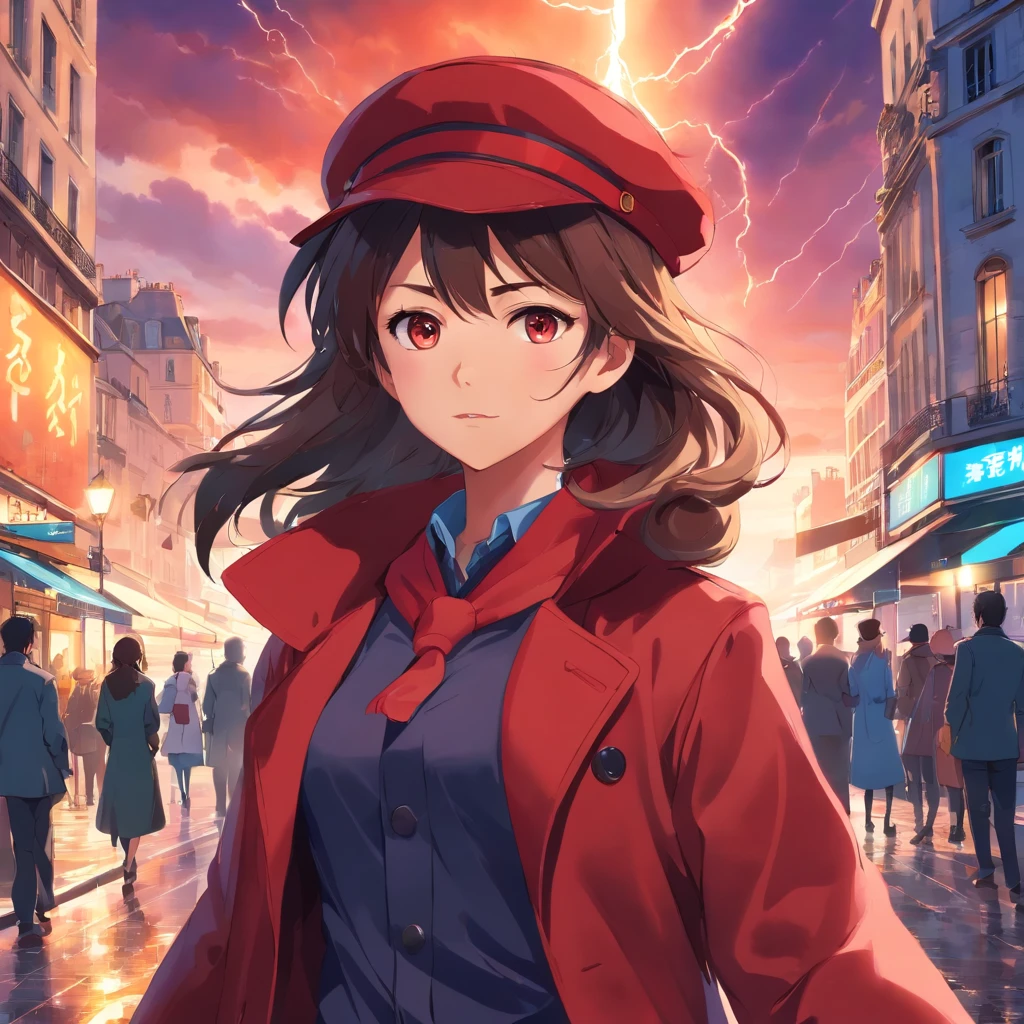 (realistic:0.2), anime illustration, 1girl,, red coat, big red hat, in paris france, sfw, black pants, black office shirt,, carmen sandiego,, blue sky,, long hair,, dramatic lightning, lights, epic lights, light on face, backlit, face light, lit face, fill lamp, fill light, ((masterpiece)),   (carmen_sandiego_v1-1_shurik-2000:0.6)