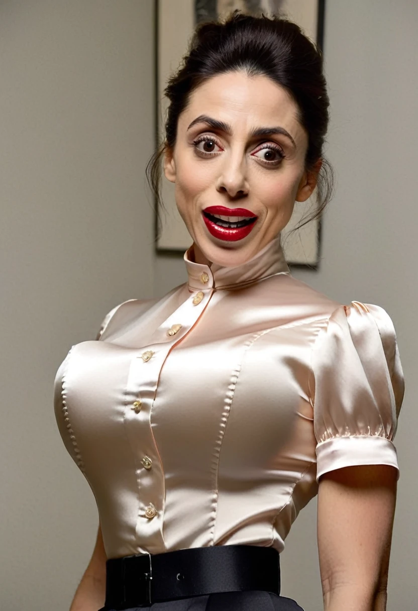 closeup shot, (muscular evil angry Cristin Milioti showing closed teeth with flared nostrils and furrowed brows:1.5) in a (closed satin skintight buttondown band collar blouse with large shoulder-pads and extremely tight belt:1.6), tight hairbun, silk gloves, (widened eyes), (muscular arms), subtle evil stare with flared nostrils, large shoulder-pads, (evil laugh), skintight satin pants defining her body, uptight, popped collar, stiff posture