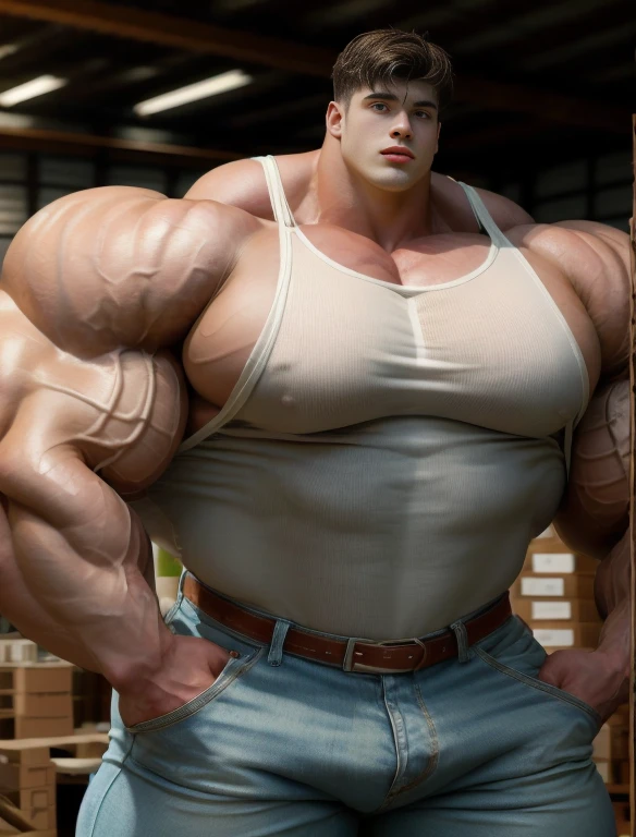 1boy, giant, alone, giant bodybuilder, wet, illuminating light, strong body, bulk, large size, stay in the warehouse, indoor, wear white singlet and jean pants, massive bulge, bulge, extraordinary big, brutalmass, giant muscular body, bulk, buff, massive body, large meaty body size, extremely wide body,