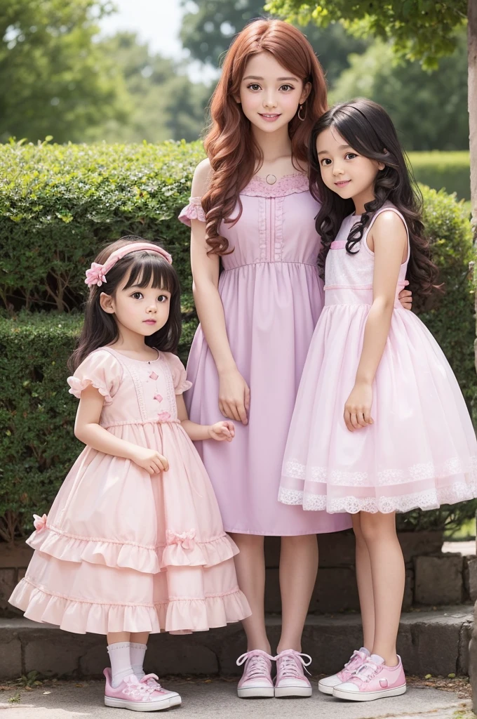 Disney style girls character, a girl apparently with long red hair, wearing a pink dress, another girl age 12 years oldair wearing a light pink dress with some details long brown hair, another girl aged 7 years old with medium hair, wearing a baby pink dress with some details, another aged 3 years old with short curly black g a light lilac dress, all of them with white all-star sneakers