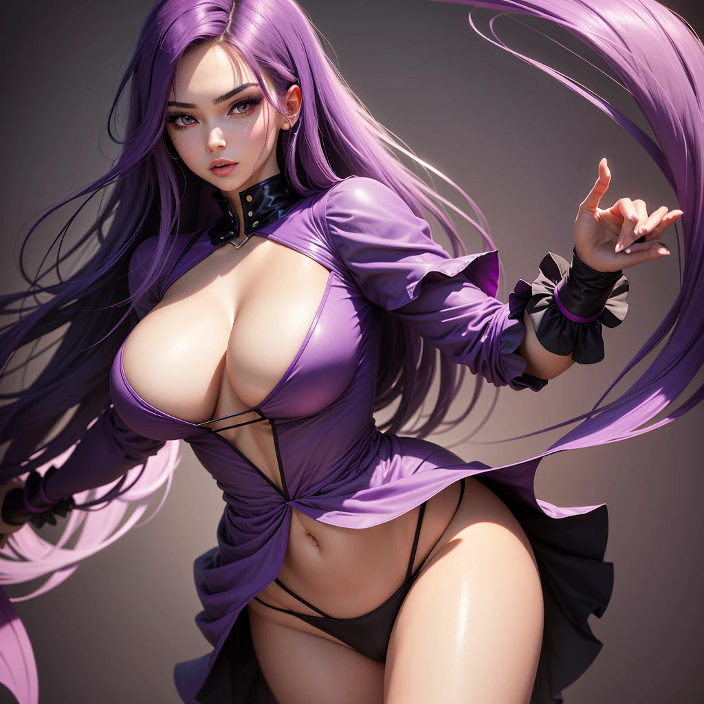 Best quality, A high resolution,A woman with sexy Purple and pinkclothes, big breasts, black eyes, long black and purple hair , big thighs, best quality, best resolution, detailed ,Normal body, well detailed, beautiful, standard, detailed, best quality ,Sexy clothes, sexy and Purple and pink clothes, makeup on the face, best quality, detailed 