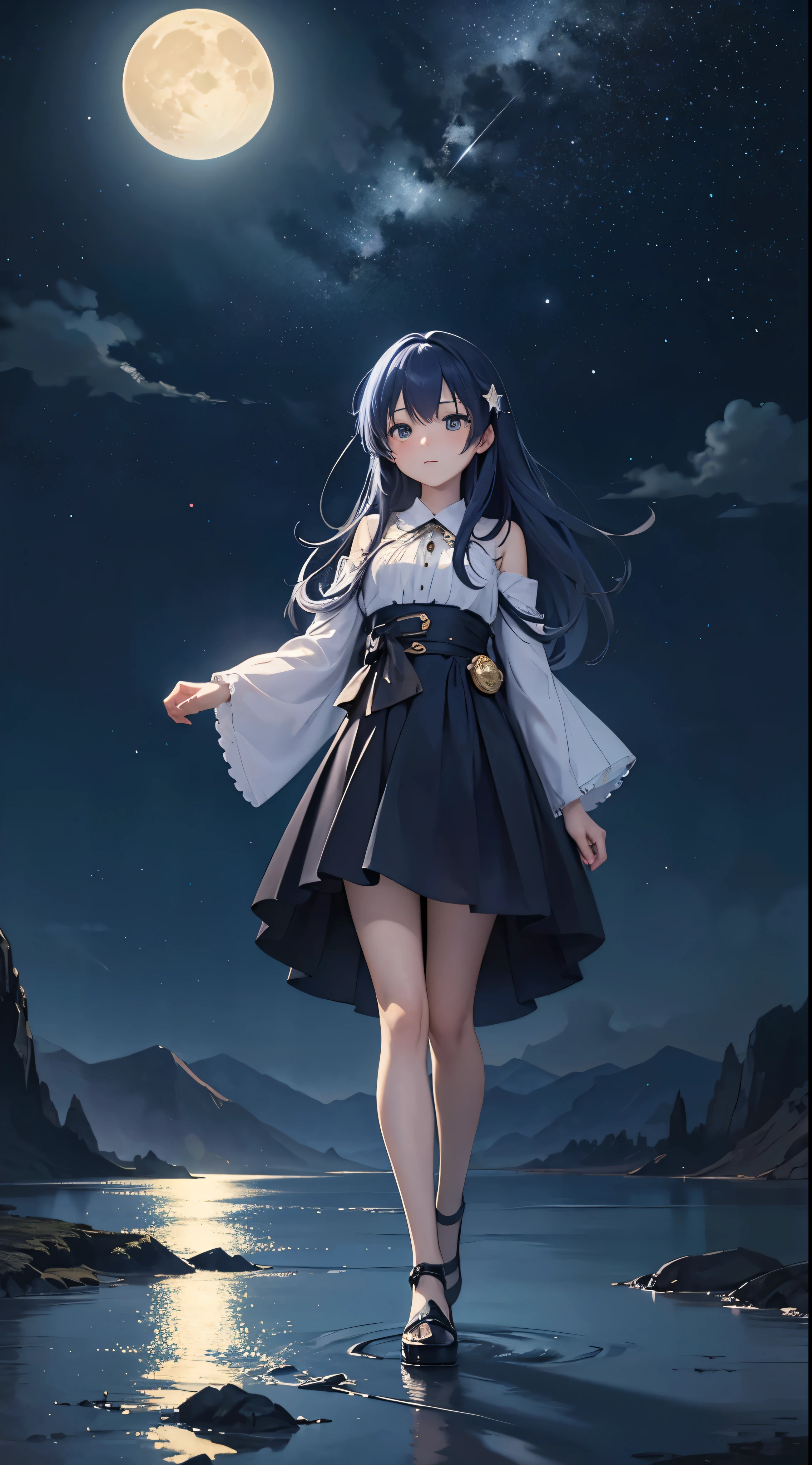 A highly condensed beauty dressed in a painting of stars and moons in the river and sky, concept art inspired by Tosa Mitsuoki, pixiv competition winner, best quality, fantasy art, beautiful anime scenes, a round of bright moon, starry sky environment in the moonlight, dream painting, anime background art, dream landscape art, fantastic night, anime background, background artwork, fantastic art, atmospheric anime, starry sky, detail enhancement.  