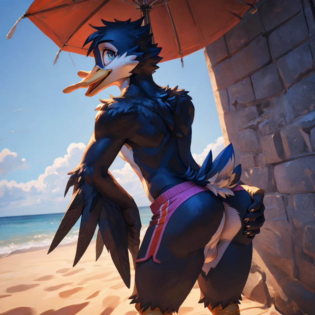 ,4k, 8k, raytracing, photorealistic, realistic, shaded, extreme detail quadruped, detail, detailed, extreme detail, 8k, real, realistic, crisp, sharp, high quality, shadows, raytracing, volumetric light, bloom by nurinaki, outside, beach, (solo), girly, femboy, male, tail up, tailfeathers, feminine body, rear view, presenting butt, balls, backsack, twink, thights, bending over, grabbing butt, spreading cheeks, surprised, horny, duck, avian, bird, beak, masterpiece, best quality, beautiful eyes, looking at viewer, undressing, taking off swimtrunks, swimtrunks, topless,