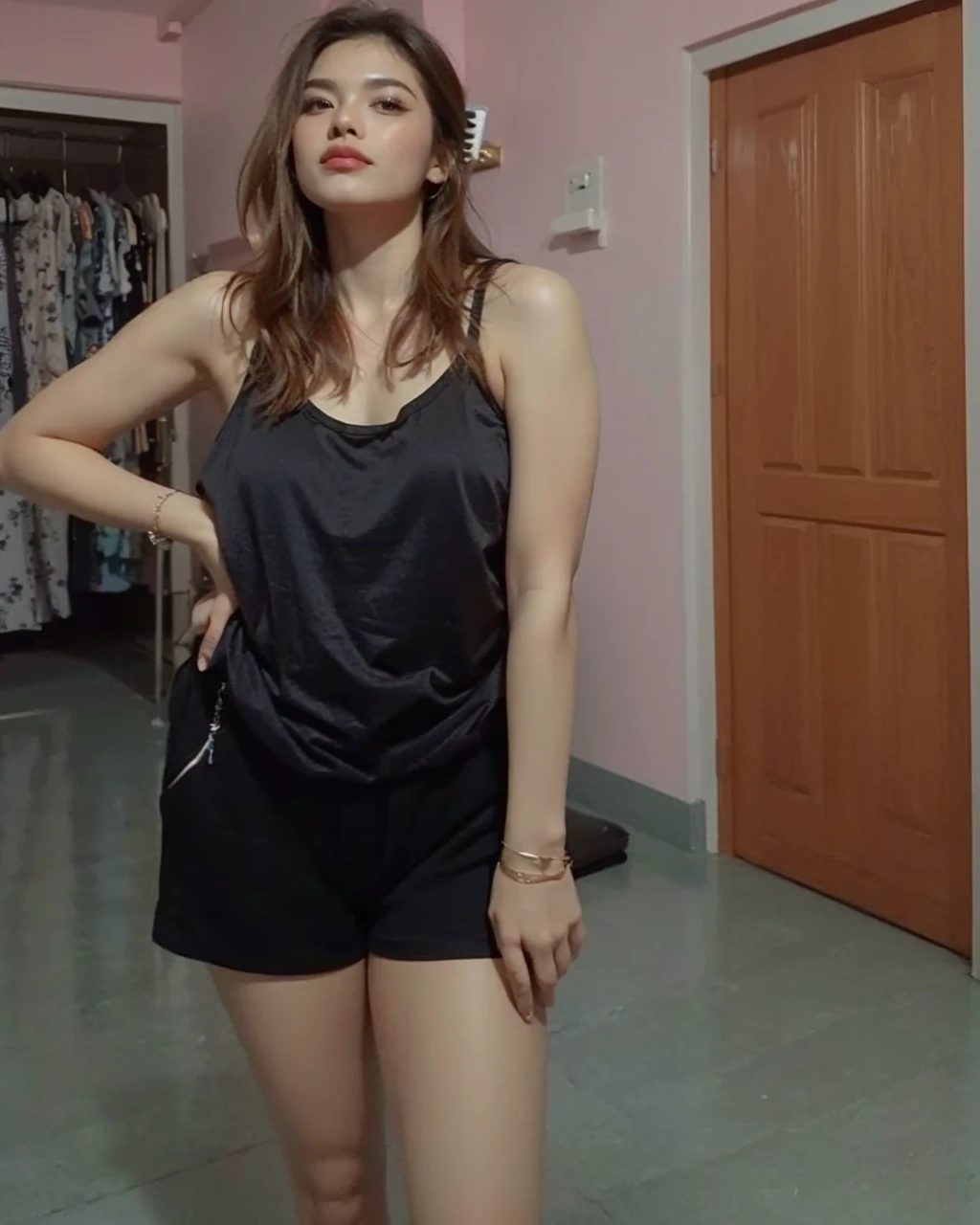 A beautiful woman standing in a room with a hair brush, wearing a camisole and tight shorts, she is wearing a black tight tank top, in tight shorts, posing in a bedroom, sexy pose, satisfied pose, wearing black shorts, tight black tank top and shorts, wearing black camisole outfit, sexy look, wearing a tank top and shorts, very sexy pose