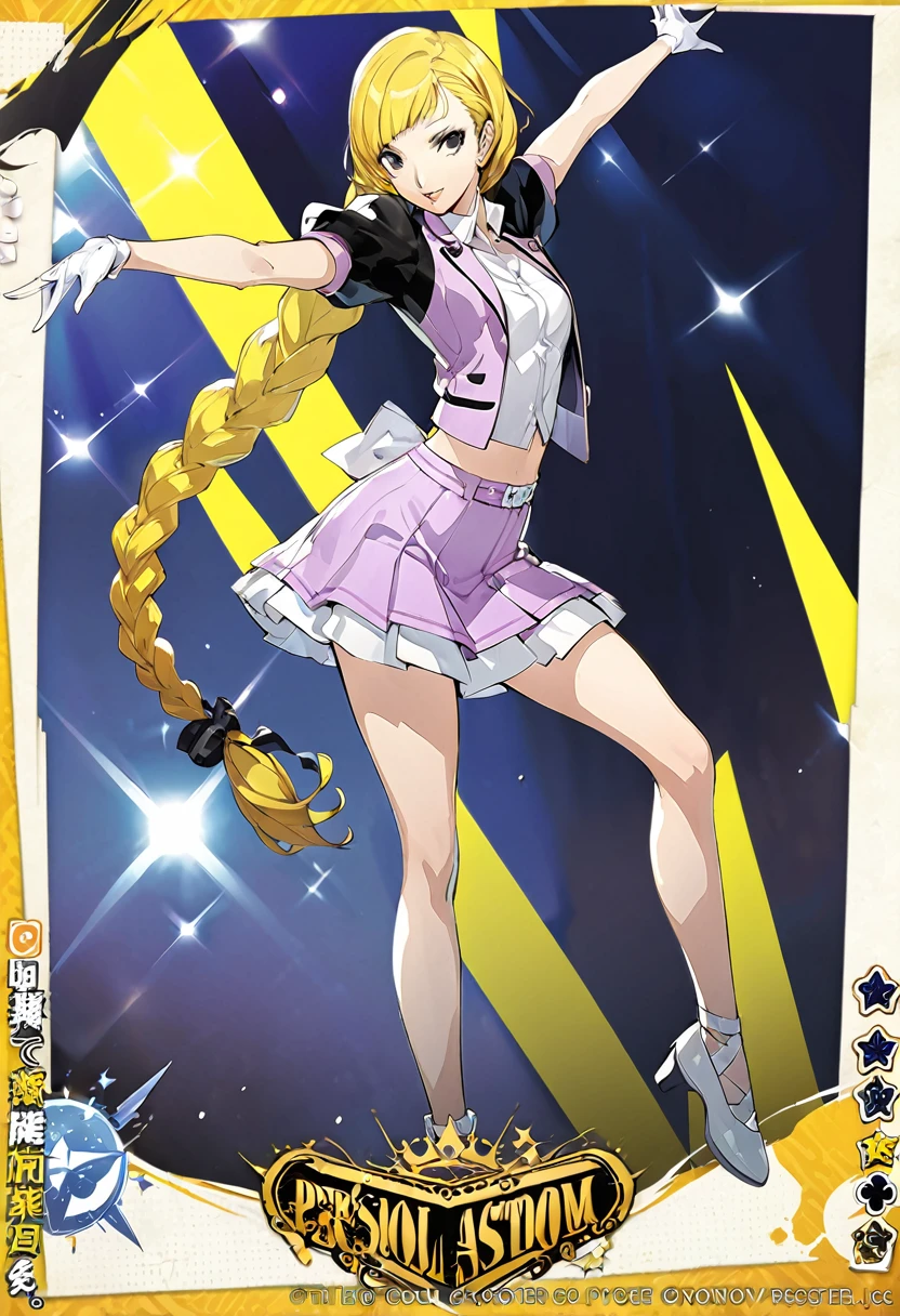 eautiful girl, long braids, blonde hair, black eyes, teen, Persona5 character, Taiga Asaki ,masterpiece, meilleure qualité, pose dynamic, pretty, lavender color, side bangs, idol, character concept art, angelic, shujin academy, skirt