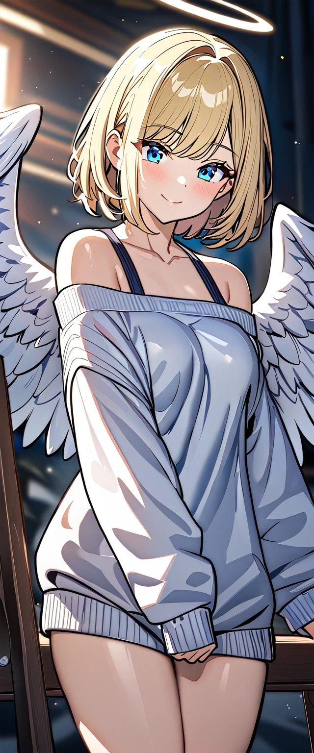 ((flying in the sky)), ((angel, big big white wings:1.3, halo:1.3)), ((sunset)), (((sea, beach))), (((cowboy shot))), archangel Uriel, ((wavy hair, outward curled hair)), evening, ((blond hair, bob cut:1.3)), breasts, teenager, (looking at viewer), oversized clothes, puffy long sleeves, collarbone, ((off-shoulder sweater:1.3, Quite thick shoulder straps)), ((white sweater)), collarbone, head tilt:1.3, (((blue eyes))), ((happy smile)), (((anime style))), (best quality, 4K, 8K, highres, masterpiece:1.2, ultra-detailed, ultra-detailed eyes, HDR, uhd, studio lighting, ultra-fine painting, sharp focus, physically-based rendering, extreme detail description, professional, vivid colors, bokeh)