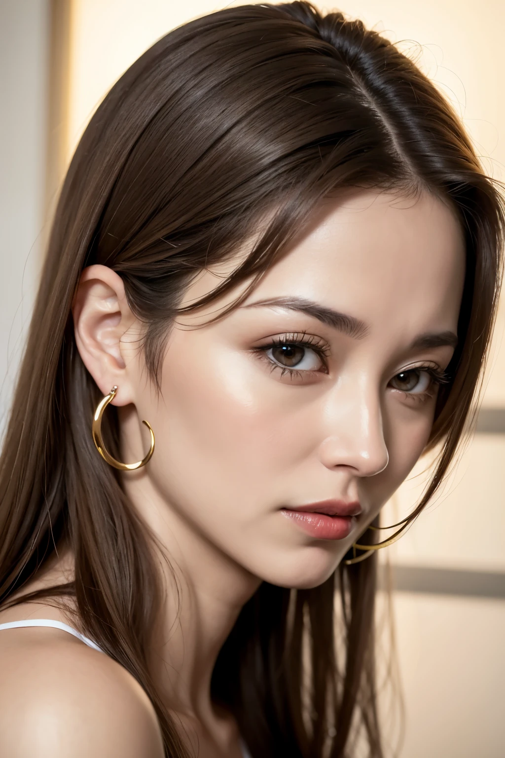 PICTURE REALISTIC, 40 years old woman, blonde, dark brown eyes, nose with hoop piercing right side