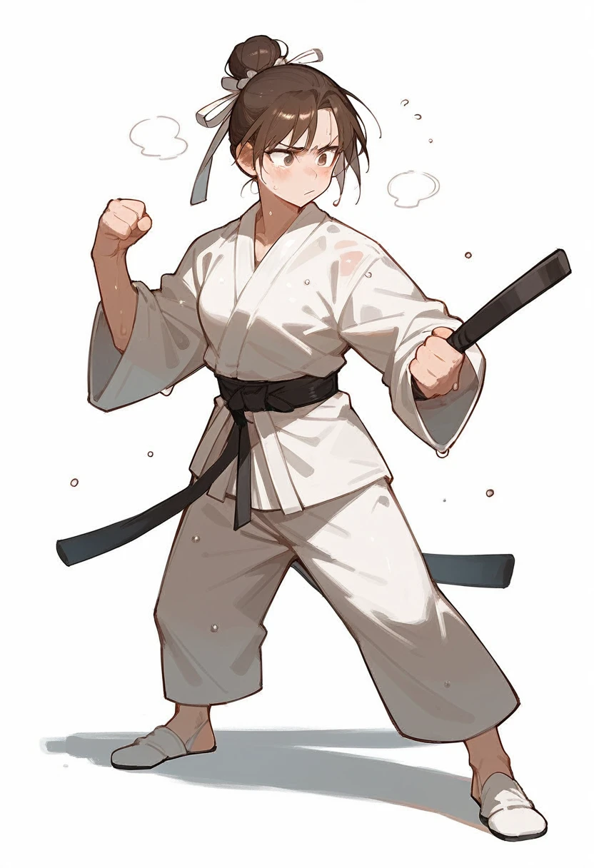 kendo outfit, martial arts,dougi, black belt, sexy, sweat 1girl, bun hair, , brown hair ,,white background ,full body,bottomless