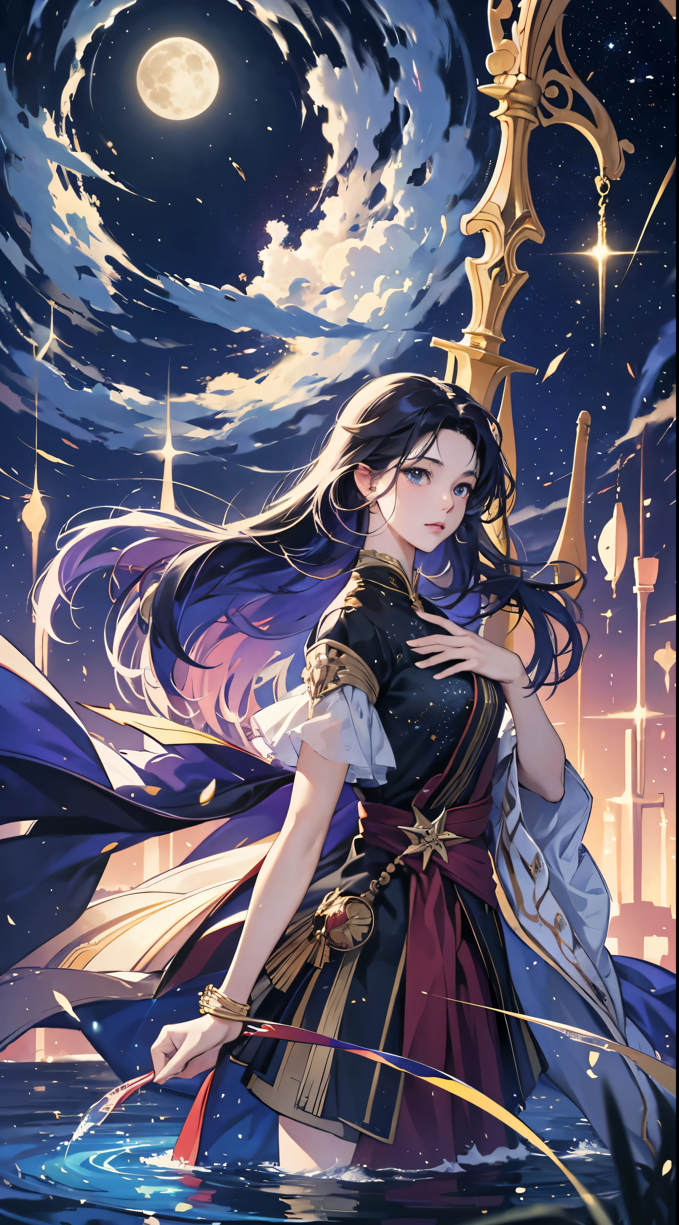 A highly condensed beauty dressed in a painting of stars and moons in the river and sky, concept art inspired by Tosa Mitsuoki, pixiv competition winner, best quality, fantasy art, beautiful anime scenes, a round of bright moon, starry sky environment in the moonlight, dream painting, anime background art, dream landscape art, fantastic night, anime background, background artwork, fantastic art, atmospheric anime, starry sky, detail enhancement.  
