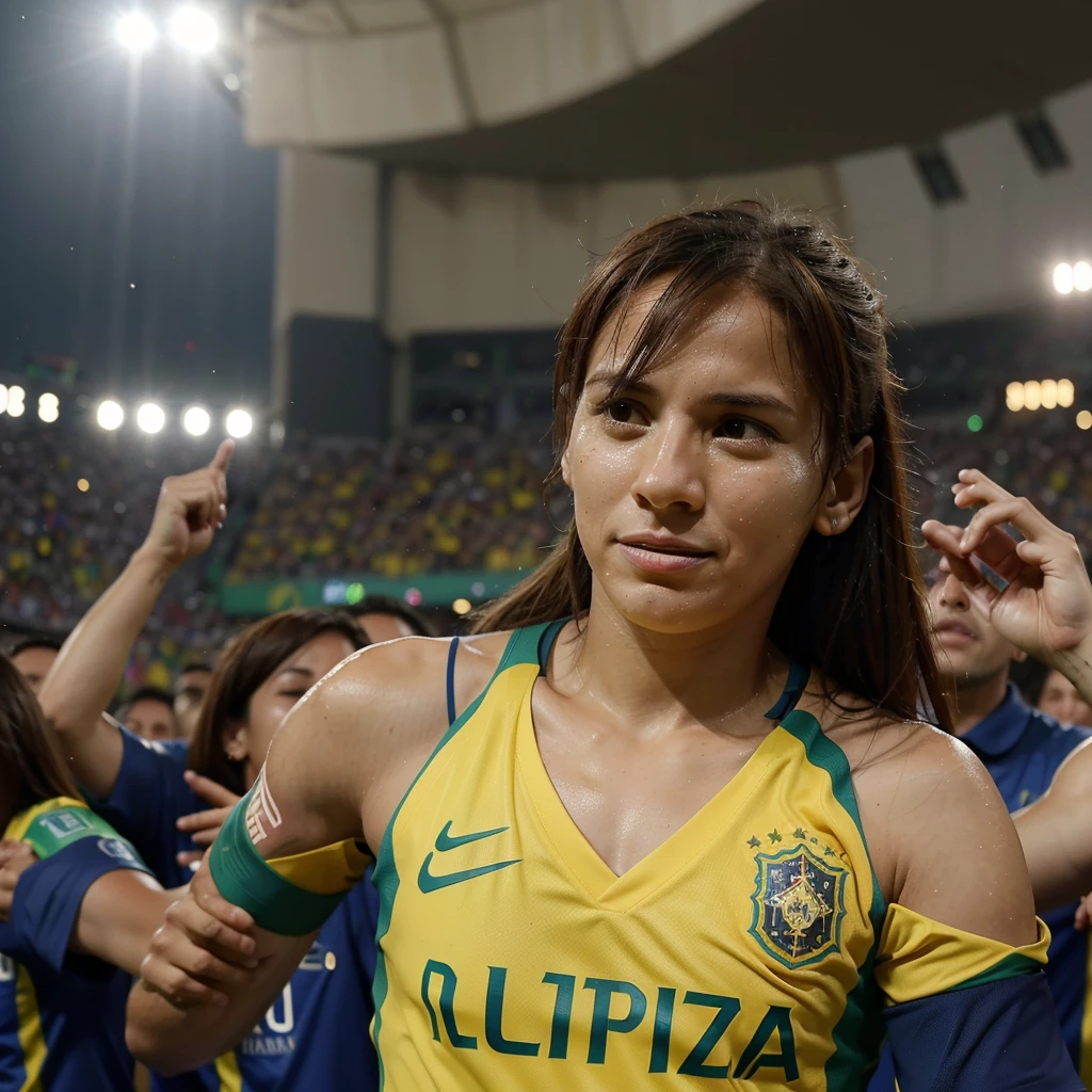 Aquí tienes una instrucción para generar una imagen con las especificaciones dadas:
"Generate an image depicting the Brazil national team celebrating their Copa América victory jubilantly. In the background, include Leo Messi visibly emotional, shedding tears of disappointment. The focus should be on the Brazilian team's euphoria contrasted with Messi's poignant reaction."