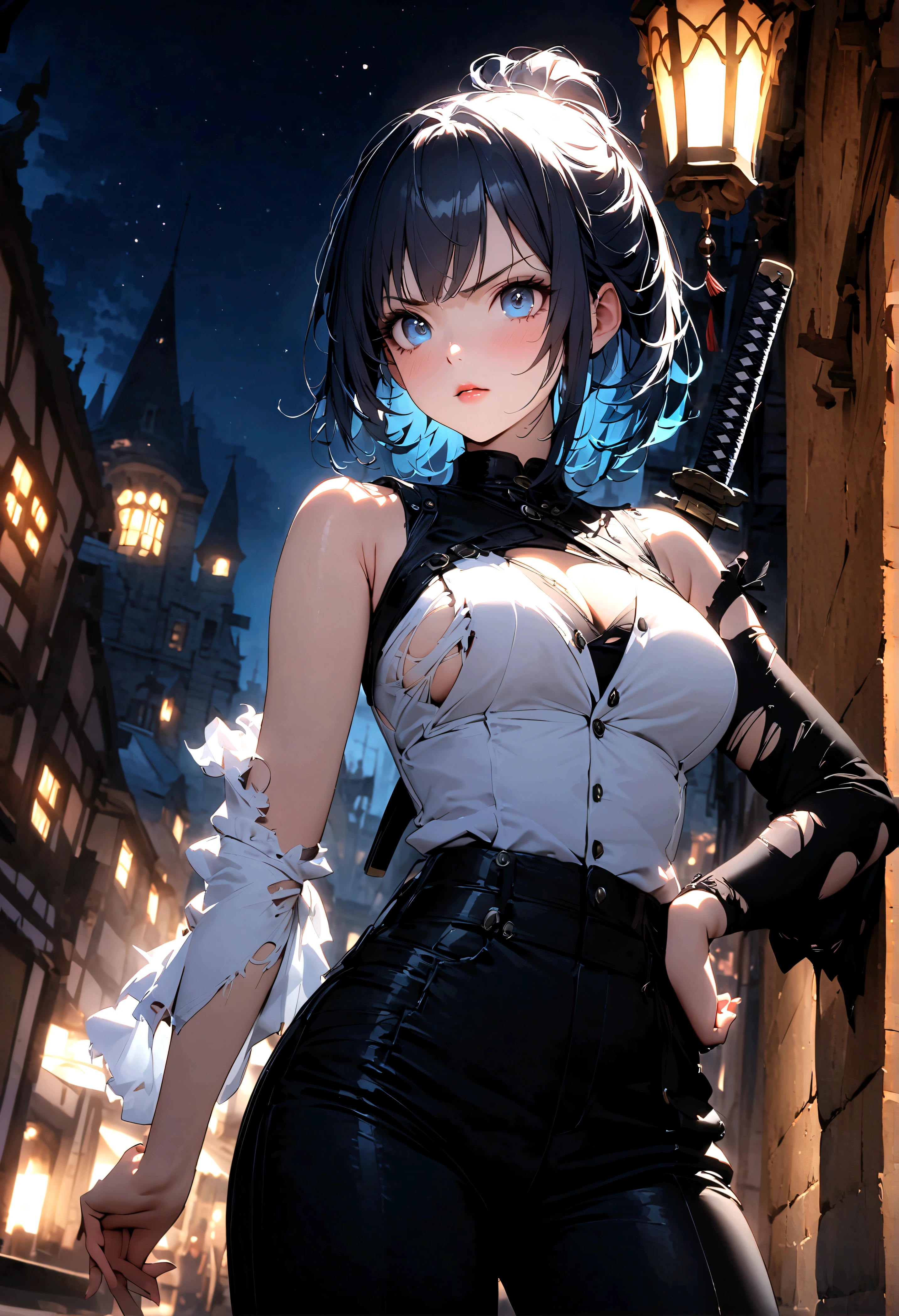 Female samurai、Beautifully detailed eyes、Beautifully detailed lips、Highly detailed face、Long eyelashes、Ultra-Realistic Lighting、(Super detailed:1.3)、((Highest quality:1.2))、((masterpiece:1.2))、Female Focus、beauty、(at night:1.6)、(Standing in a medieval European castle town)、Cowboy Shot、Cleavage、((White breasted:1.125))、Top Knot、Calm dark blue hair:1.1、(White Samurai Coat)、(Black Samurai Pants:1.3)、(anger:1.05)、(Wearing one sleeve)、(Torn sleeve:1.45)、(katana on hip:1.06)、(Torn clothes)