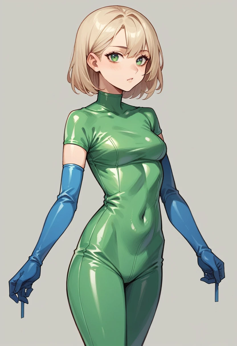 1girl, light hair, ((blue elbow gloves)), ((surgical gloves)), ((latex gloves)), ((long sleeves)) ((green surgeon outfit)), looking at viewer, standing, solo