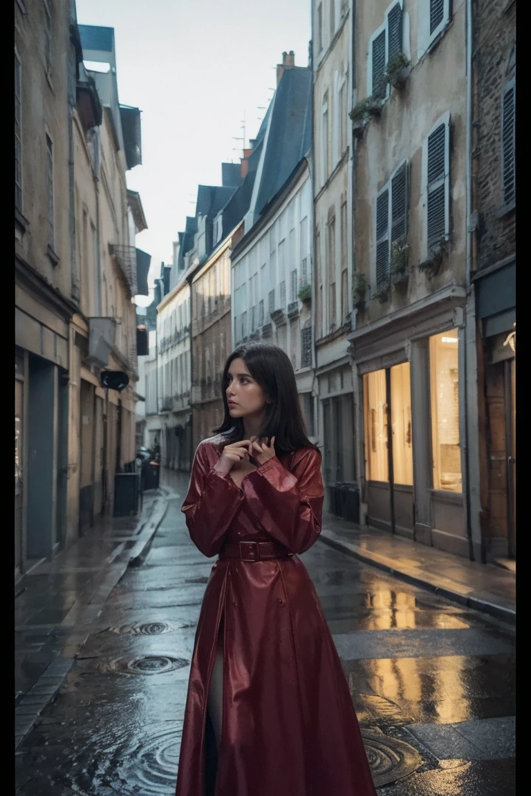 1fille,seulement,cheveux longs,peau rugueuse,De dos,mise au point du visage,(regarder le spectateur:1.2),cheveux humide,sombre,polaroïd,(profondeur_de_Champ:1.5),jours de pluie,en plein air,rue,cheveux entre les yeux,éclairage maussade,effet Tyndall,éclairage cinématographique,nuit,lampadaire,reflet,lumière disponible,lumière de jante,néons lumineux,courbée,Robe en soie rouge,fille coréenne,