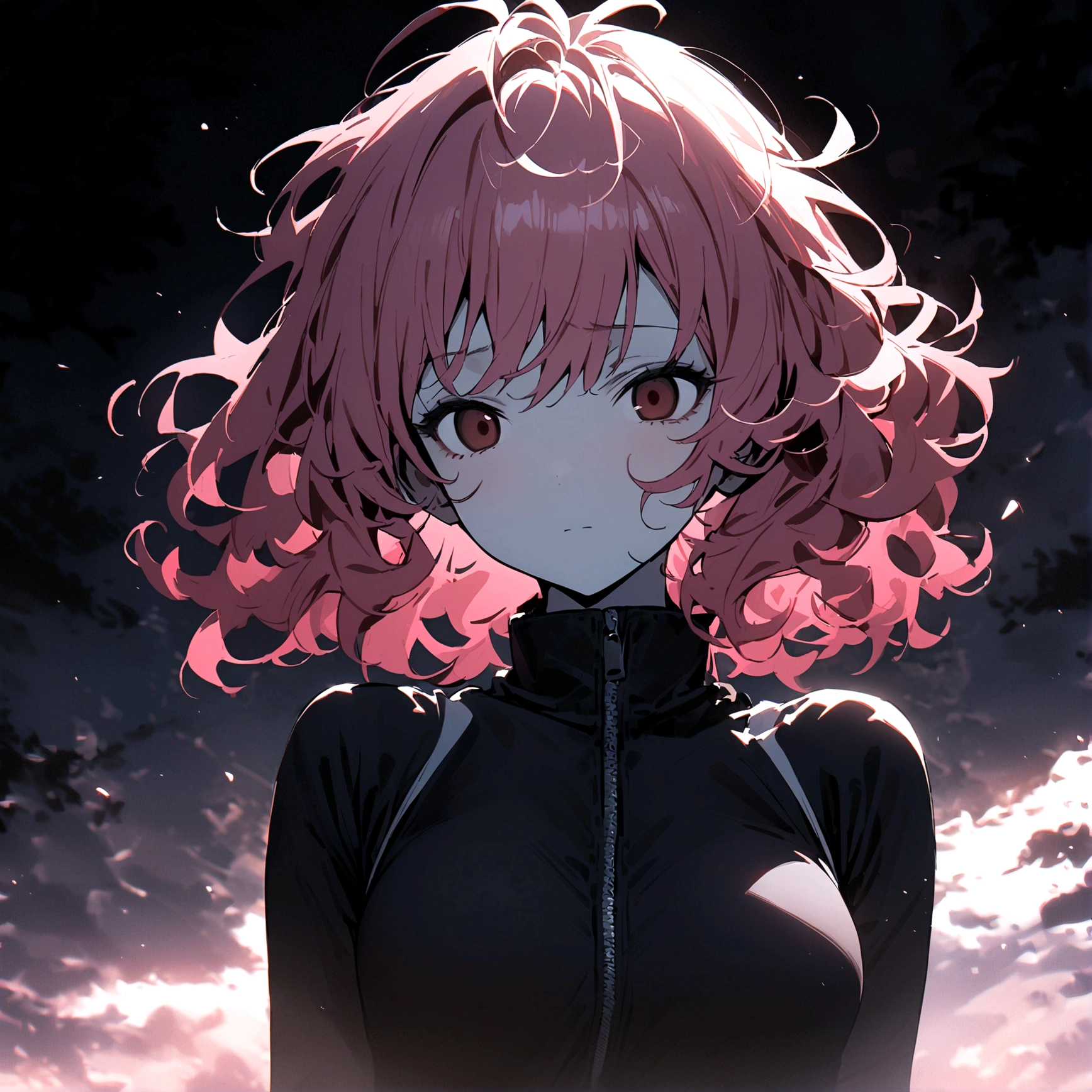 1girl, masterpiece, pink hair, dark brown eyes, black training suit, sleveless shirt, curly hair, medium hair, dead eyes, emotionless face, white skin, messy hair, upperbody,