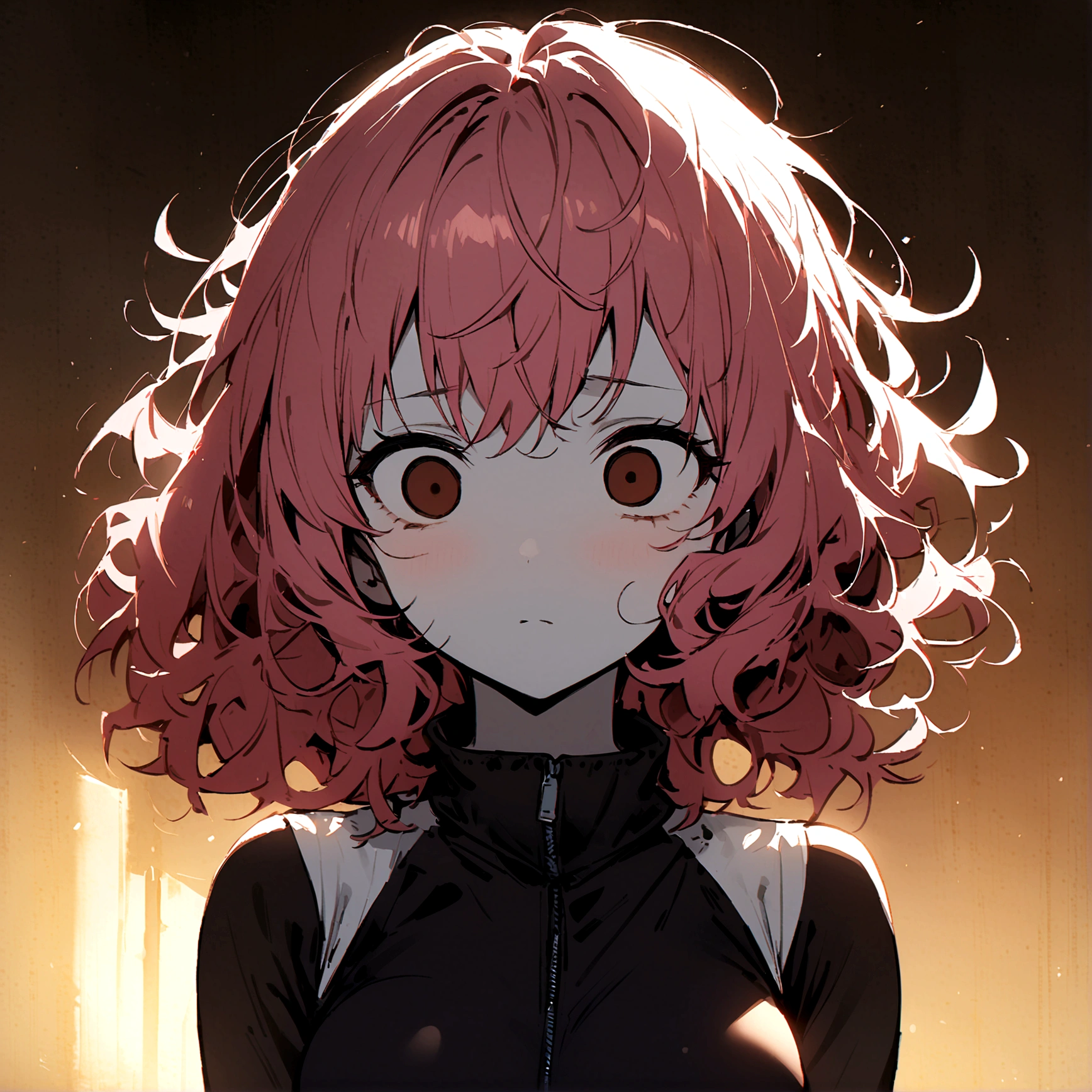1girl, masterpiece, pink hair, dark brown eyes, black training suit, sleveless shirt, curly hair, medium hair, dead eyes, emotionless face, white skin, messy hair, upperbody,