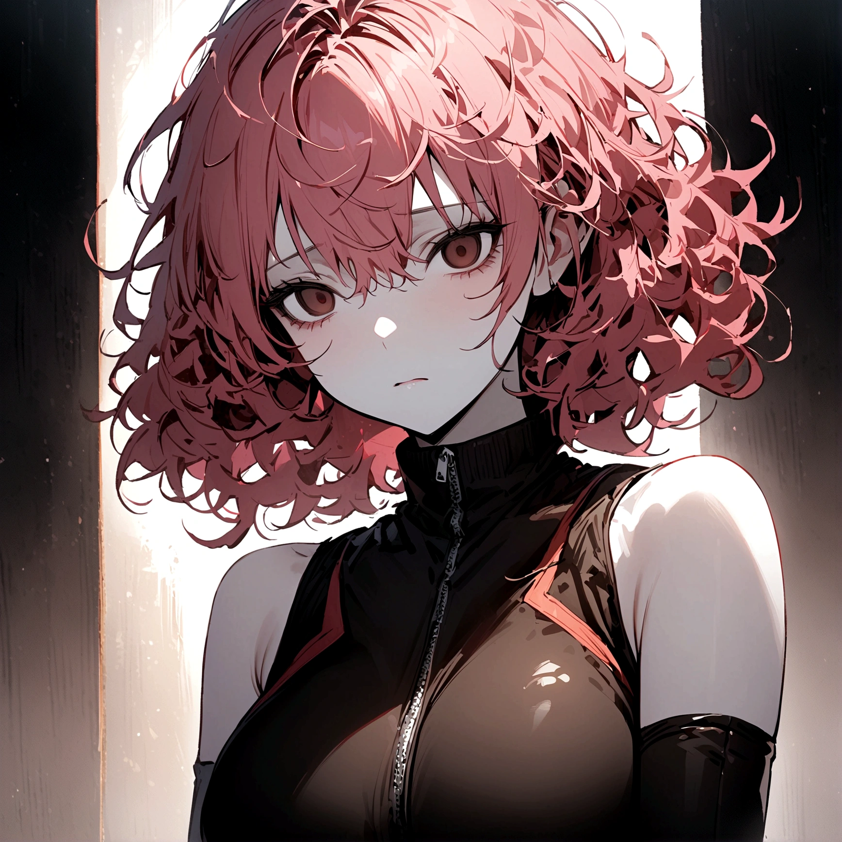 1girl, masterpiece, pink hair, dark brown eyes, black training suit, sleveless shirt, curly hair, medium hair, dead eyes, emotionless face, white skin, messy hair, upperbody,