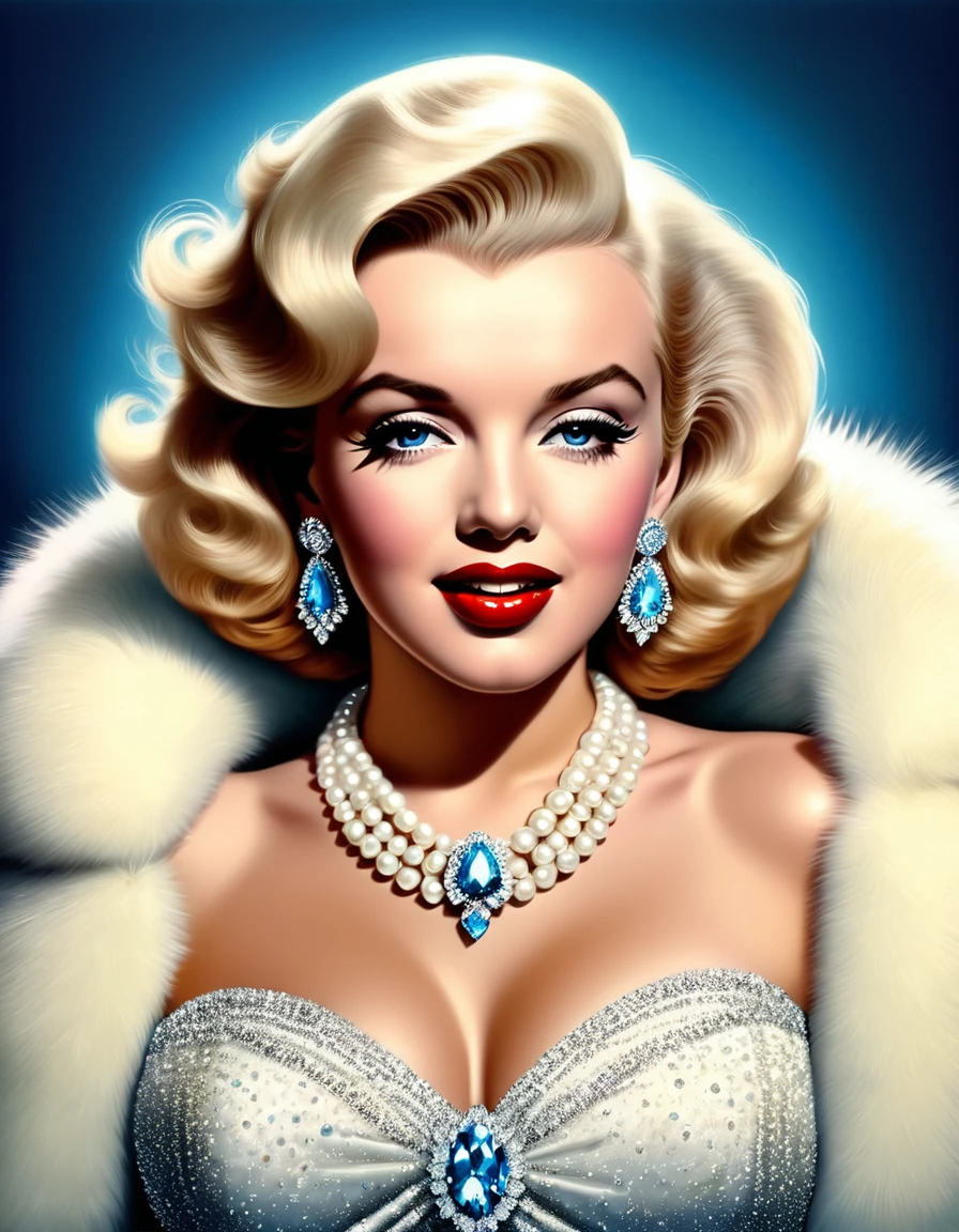 A photorealistic rendering of Marilyn Monroe in a glamorous pose, wearing a fur stole and pearl necklace, exuding classic Hollywood elegance. Hyper-realistic photo, vibrant colors, 16k
