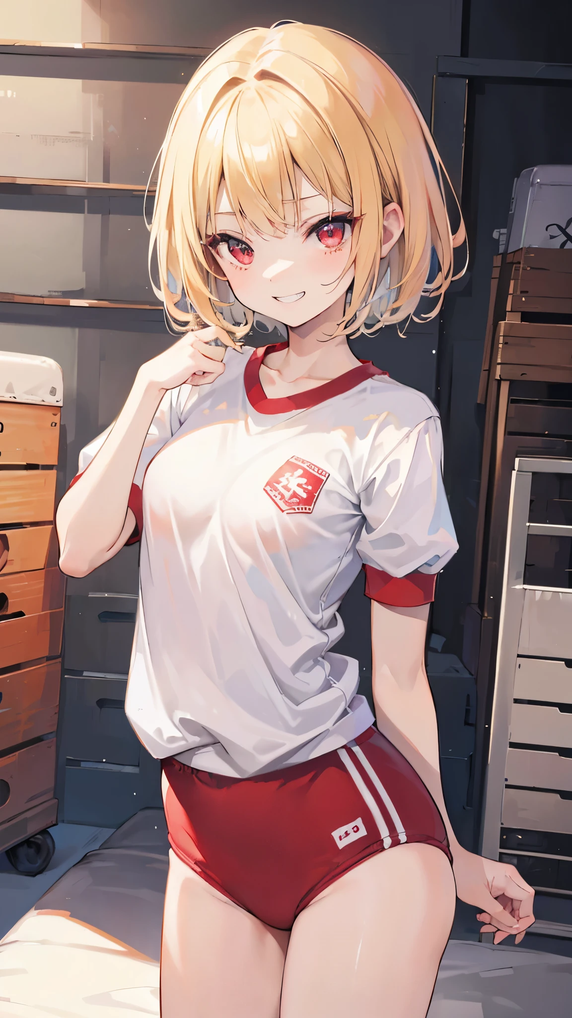 (masterpiece、Highest quality、Very detailed))、One girl、Blonde、((short hair))、Diagonal bangs、Red eyes、evil smile、((Grin))、((Very small breasts))、((gym uniform))、Short sleeve、Cowboy Shot、Gym storeroom