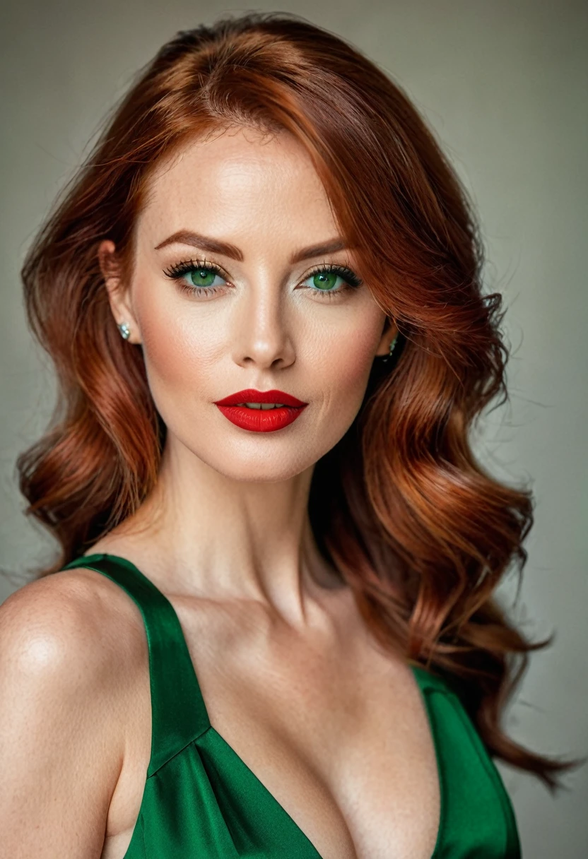 woman, beautiful, 30 years old, perfect face and features, WITHOUT WRINKLES, seductive, very sexy look, defined body, in chic dress, redhead, green eyes, red lipstick