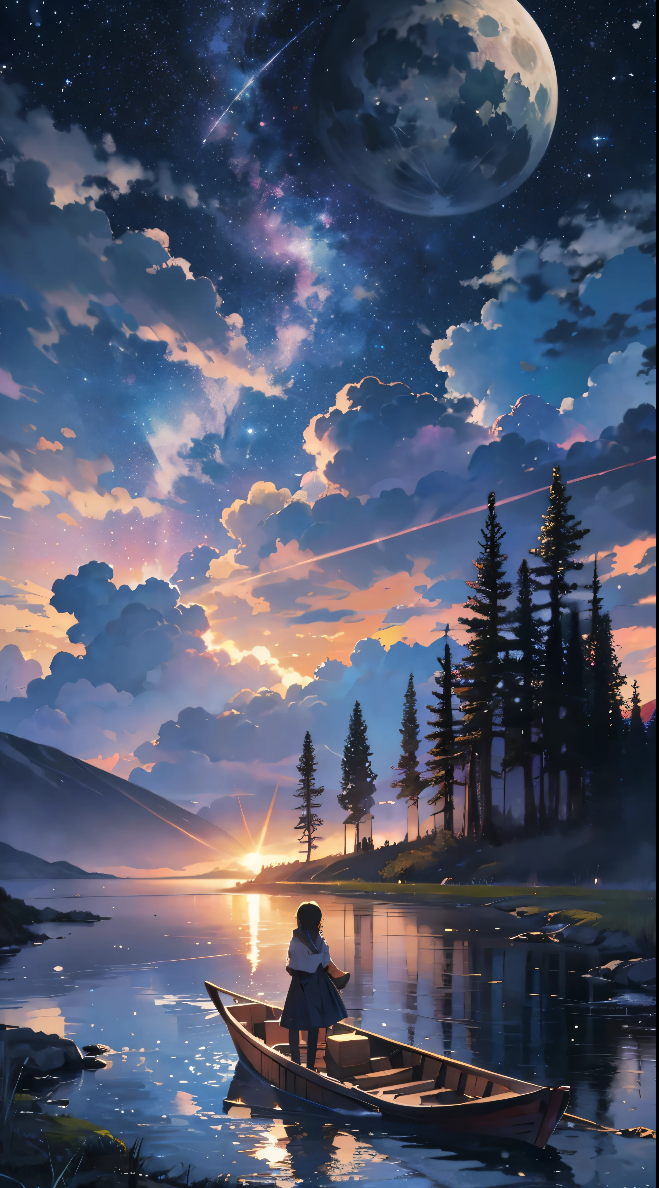 A highly condensed beauty dressed in a painting of stars and moons in the river and sky, concept art inspired by Tosa Mitsuoki, pixiv competition winner, best quality, fantasy art, beautiful anime scenes, a round of bright moon, starry sky environment in the moonlight, dream painting, anime background art, dream landscape art, fantastic night, anime background, background artwork, fantastic art, atmospheric anime, starry sky, detail enhancement.  