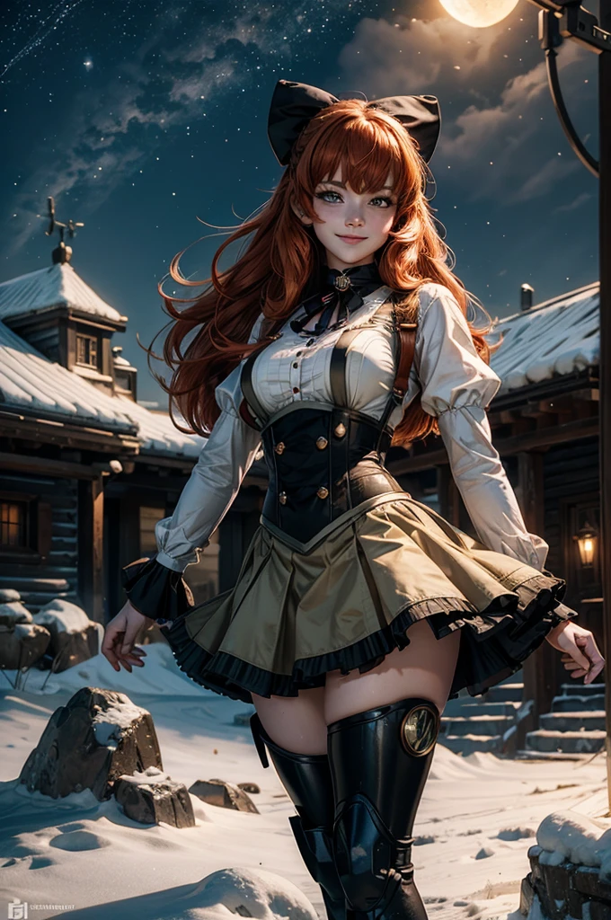 cowboy shot, (dynamic pose), smile, underbust, Penny Polendina, long red hair, neck ribbon, suspender skirt, corset, black bow, white blouse, mechanical legs, neon trim, standing, near ski lodge, BREAK night, stars, moon, snow, BREAK mountains in background, waterfall, crowd, ((crowd in military uniform)), bonfires (volumetric lighting), intricate details, tonemapping, sharp focus, hyper detailed