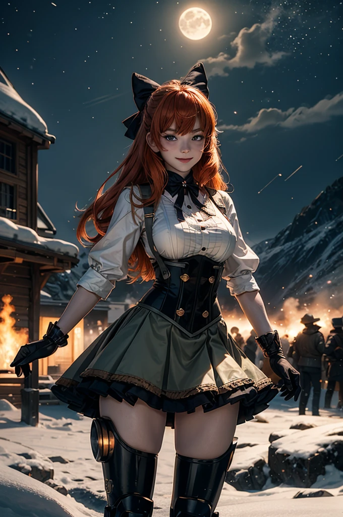 cowboy shot, (dynamic pose), smile,  underbust, Penny Polendina, long red hair, neck ribbon, suspender skirt, corset, black bow, white blouse, mechanical legs, neon trim, standing, near ski lodge, BREAK night, stars, moon, snow, BREAK mountains in background, waterfall, crowd, ((crowd in military uniform)), bonfires (volumetric lighting), intricate details, tonemapping, sharp focus, hyper detailed

