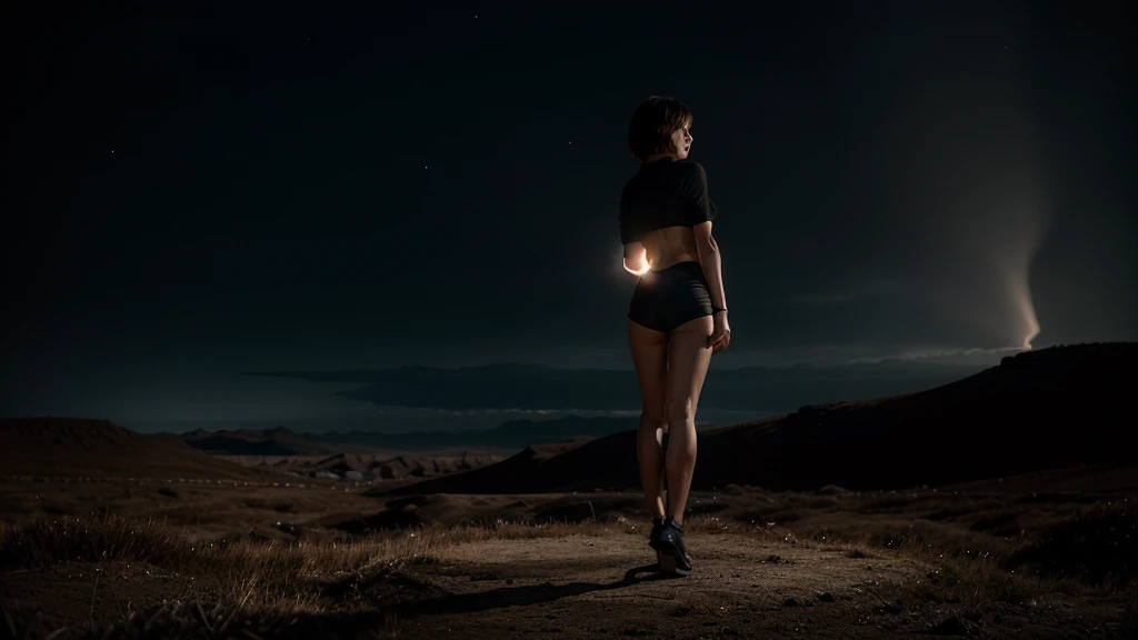 A lone figurea cute, slender, aerobics instructor, very short brown hair, very short brown hair, very short brown hair, very short brown hair, very short brown hair, brown eyes, dimples, sexy pose;, standing on a desolate landscape under a starless sky. In the distance, ominous shapes loom in the perpetual darkness. The figure holds a glowing artifact, casting a small circle of light in the vast gloom. Style: Blend of sci-fi and gothic horror, with muted colors and dramatic lighting.