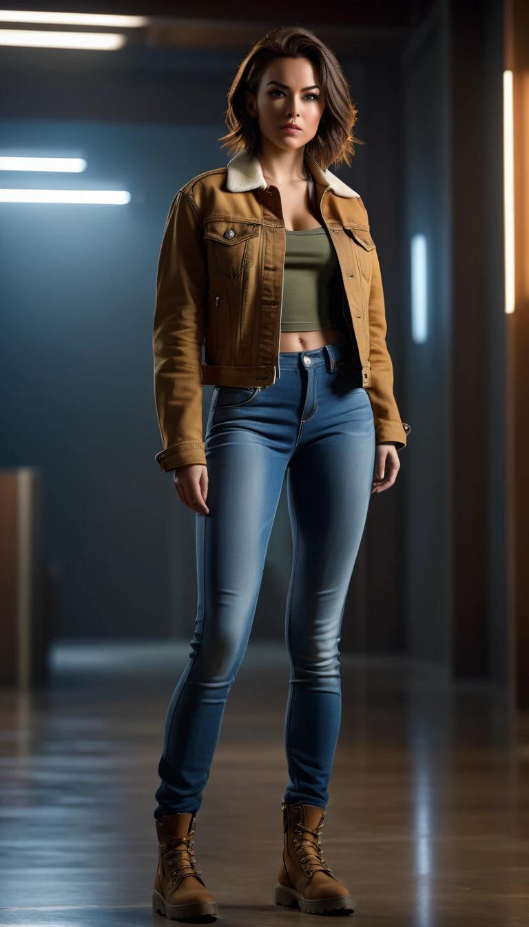 ((Full body photo, standing, feet on the ground))rogue, young female, x-men, (((full body visible) )), brown denim jacket, looking at viewer, portrait, photography, detailed skin, realistic, photo-realistic, 8k, highly detailed, full length frame, High detail RAW color art, piercing, diffused soft lighting, shallow depth of field, sharp focus, hyperrealism, cinematic lighting