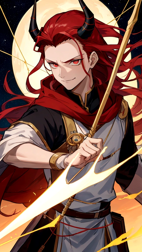red hair, messy hair, hair slicked back, horns, forehead mark, wide eyes, gradient_eyes, ringed eyes, evil smile, expressions, smirk, Surrealism, anime, image fill, 8k, super detail, UHD, retina, masterpiece, accurate, anatomically correct, textured skin, super detail, high details, high quality, award winning, best quality, highres、"Create an image of a boy symbolizing Sagittarius. He should have a bow and arrow, representing the archer. He could be wearing a tunic and have a quiver of arrows on his back. The background should feature elements of the night sky, possibly with the constellation of Sagittarius visible. The boy should look adventurous and confident, with a hint of mystical or celestial elements."
