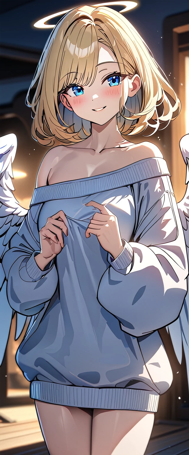 ((flying in the sky)), ((angel, big big white wings:1.3, halo:1.3)), ((sunset)), (((sea, beach))), (((cowboy shot))), archangel Uriel, ((wavy hair, outward curled hair)), evening, ((blond hair, bob cut:1.3)), breasts, teenager, (looking at viewer), oversized clothes, puffy long sleeves, collarbone, ((off-shoulder sweater:1.3, Quite thick shoulder straps)), ((white sweater)), collarbone, head tilt:1.3, (((blue eyes))), ((happy smile)), (((anime style))), (best quality, 4K, 8K, highres, masterpiece:1.2, ultra-detailed, ultra-detailed eyes, HDR, uhd, studio lighting, ultra-fine painting, sharp focus, physically-based rendering, extreme detail description, professional, vivid colors, bokeh)