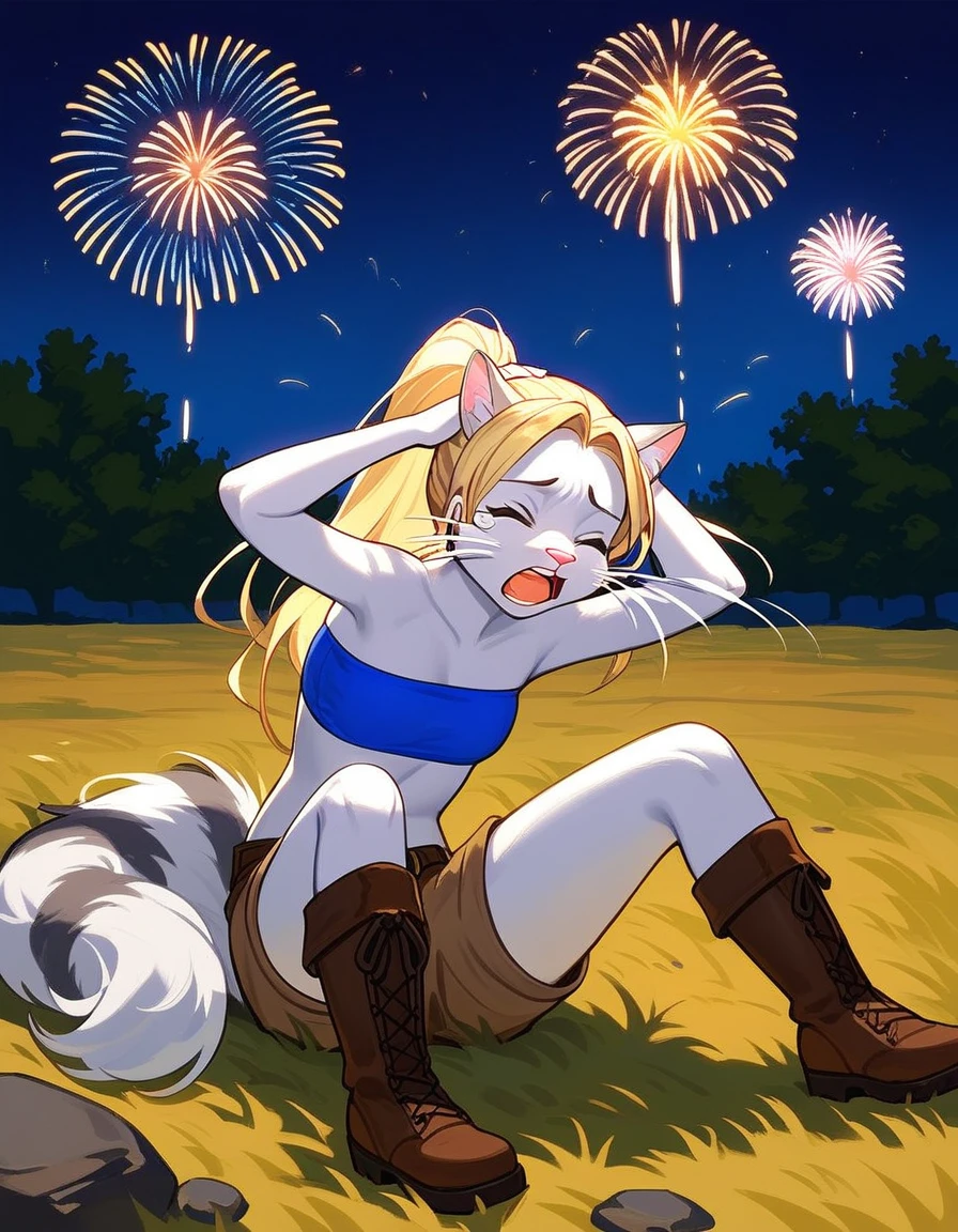 Solo, score_9,score_8_up,score_7_up, source_furry, kat, Anthro furry feline, blonde hair, (ponytail hair), pink nose, :3, white whiskers, silver fur, grey stripes, furry body, wearing blue bandeau, brown short shorts, brown boots, cowering on the ground, hands on her head, covering her ears, cowering, scared, hiding behind a rock, on a grassy field, outdoors at night, fireworks in the background, screaming, tearing up, closed eyes