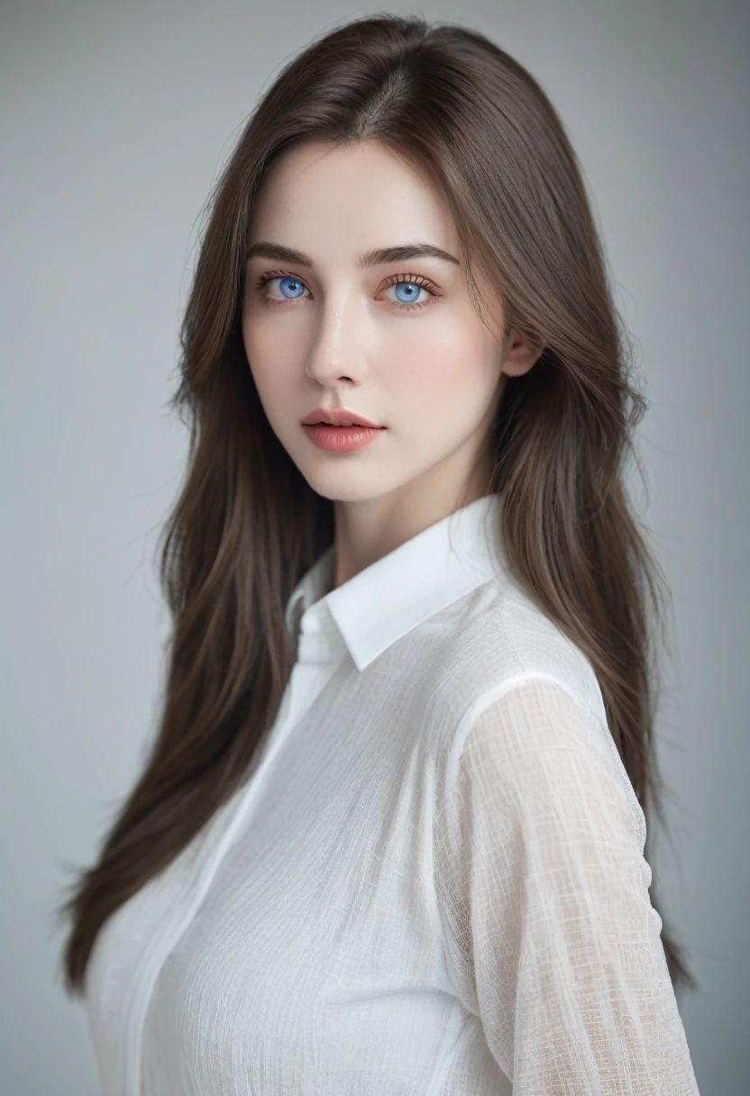 best qualityer, work of art, ultra-high resolution, (realisitic:1.5), OriginalPhoto, woman extremely straight brown hair blue eyes and extremely white skin extremely beautiful