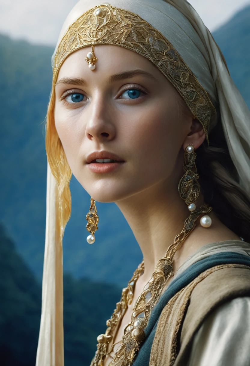 "Girl with a Pearl Earring as a Warrior Goddess wearing Galadriel's attire from The Lord of the Rings"