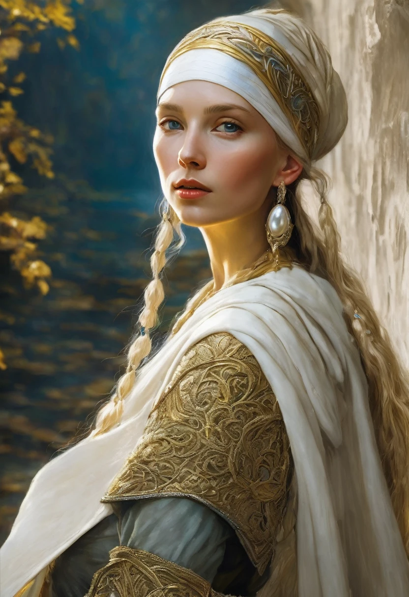 "Girl with a Pearl Earring as a Warrior Goddess wearing Galadriel's attire from The Lord of the Rings"