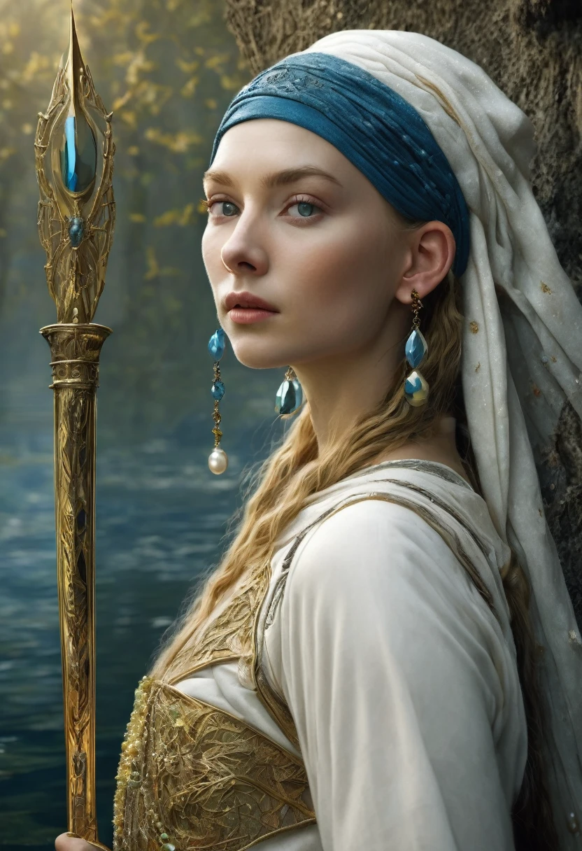  "Girl with a Pearl Earring as a Warrior Goddess wearing Galadriel's attire from The Lord of the Rings"