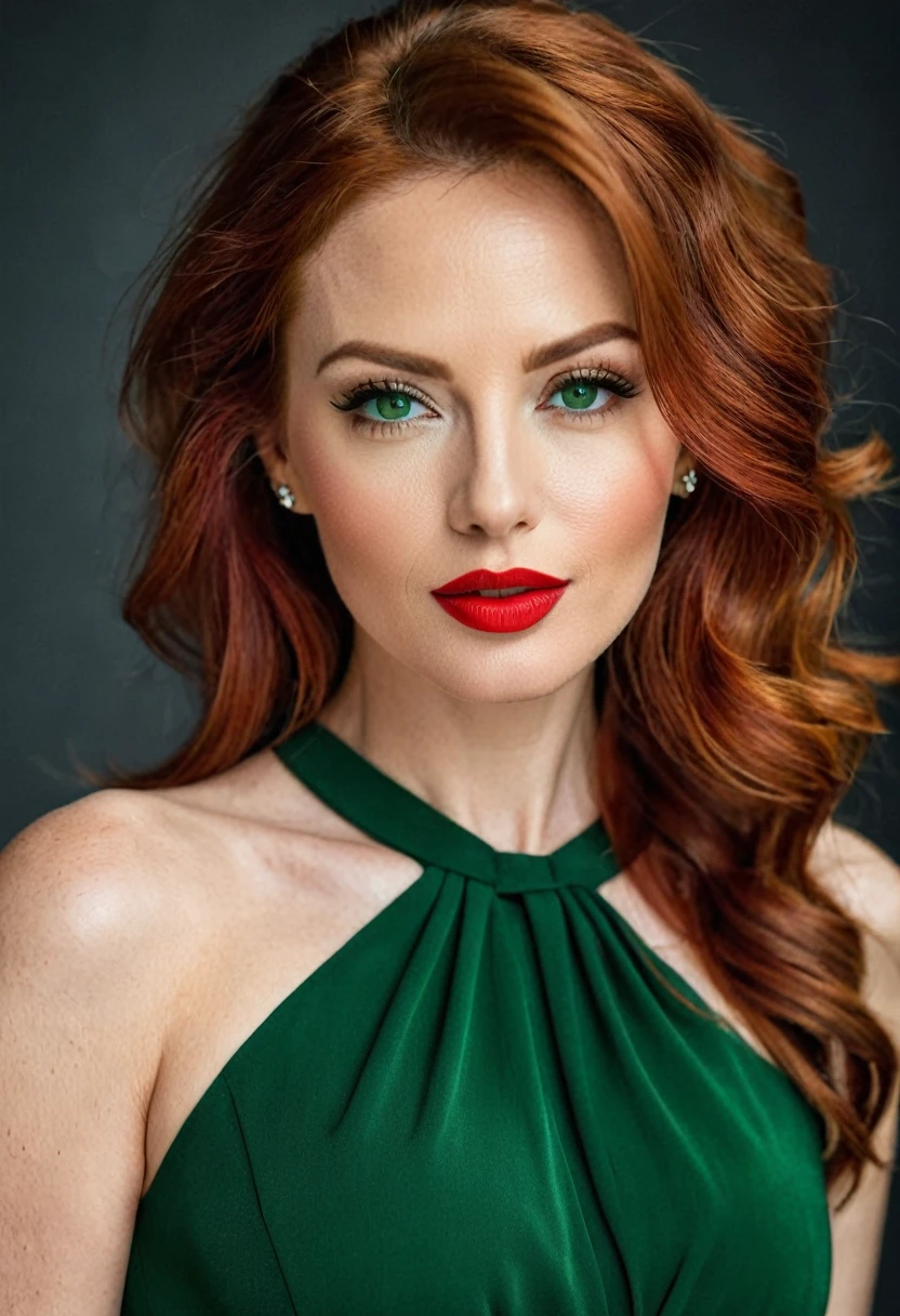 woman, beautiful, 30 years old, perfect face and features, WITHOUT WRINKLES, seductive, very sexy look, defined body, in chic dress, redhead, green eyes, red lipstick