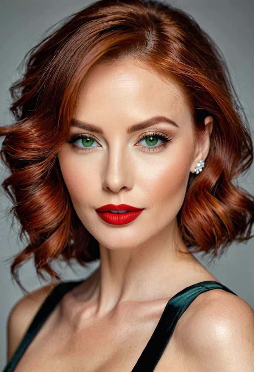woman, beautiful, 30 years old, perfect face and features, WITHOUT WRINKLES, seductive, very sexy look, defined body, in chic dress, redhead, green eyes, red lipstick