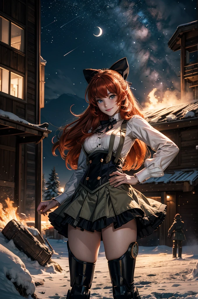 cowboy shot, (dynamic pose), smile, underbust, Penny Polendina, long red hair, neck ribbon, suspender skirt, corset, black bow, white blouse, mechanical legs, neon trim, standing, near ski lodge, BREAK night, stars, moon, snow, BREAK mountains in background, waterfall, crowd, ((crowd in military uniform)), bonfires (volumetric lighting), intricate details, tonemapping, sharp focus, hyper detailed