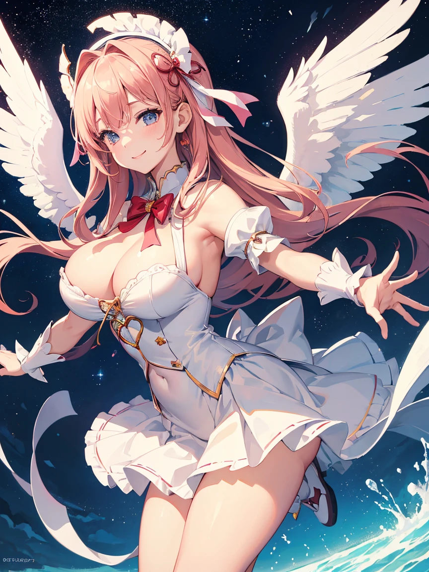 ((Masterpiece))，(Best Quality)，(Highest resolution)，(8K)，(Clean lines)，(Perfect Face，Perfect meat)，(Official Art)，（Magical girl）,,　8--old,te white outfit, ribbon, huge breasts, Big angel wings, Night Sky, smile